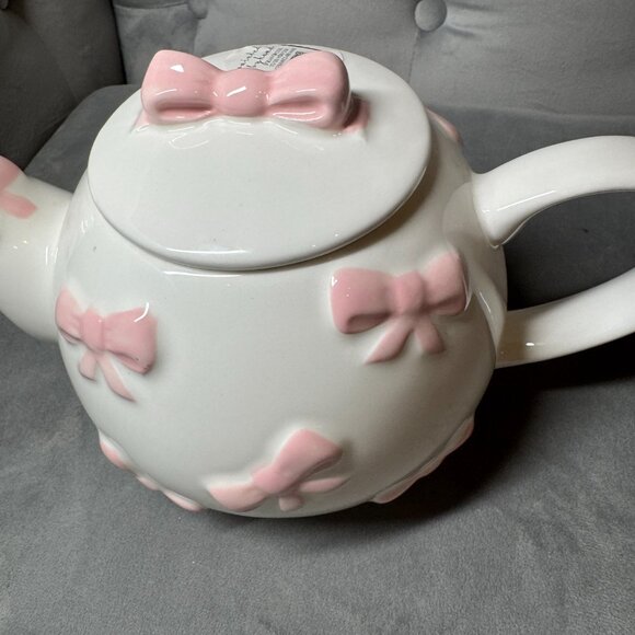 Lang Pink Bow White Pink Hand Painted Ceramic‎ Teapot NEW WITH TAG - Picture 5 of 9